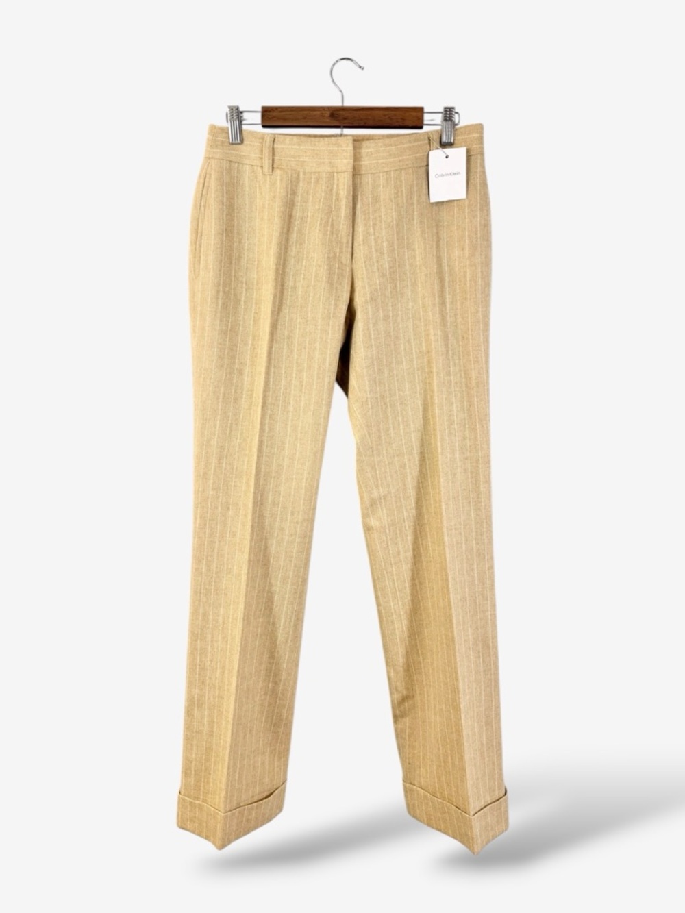 Calvin Klein Wool Pinstripe Trousers Size 6 Straw Wheat Tan Office Business